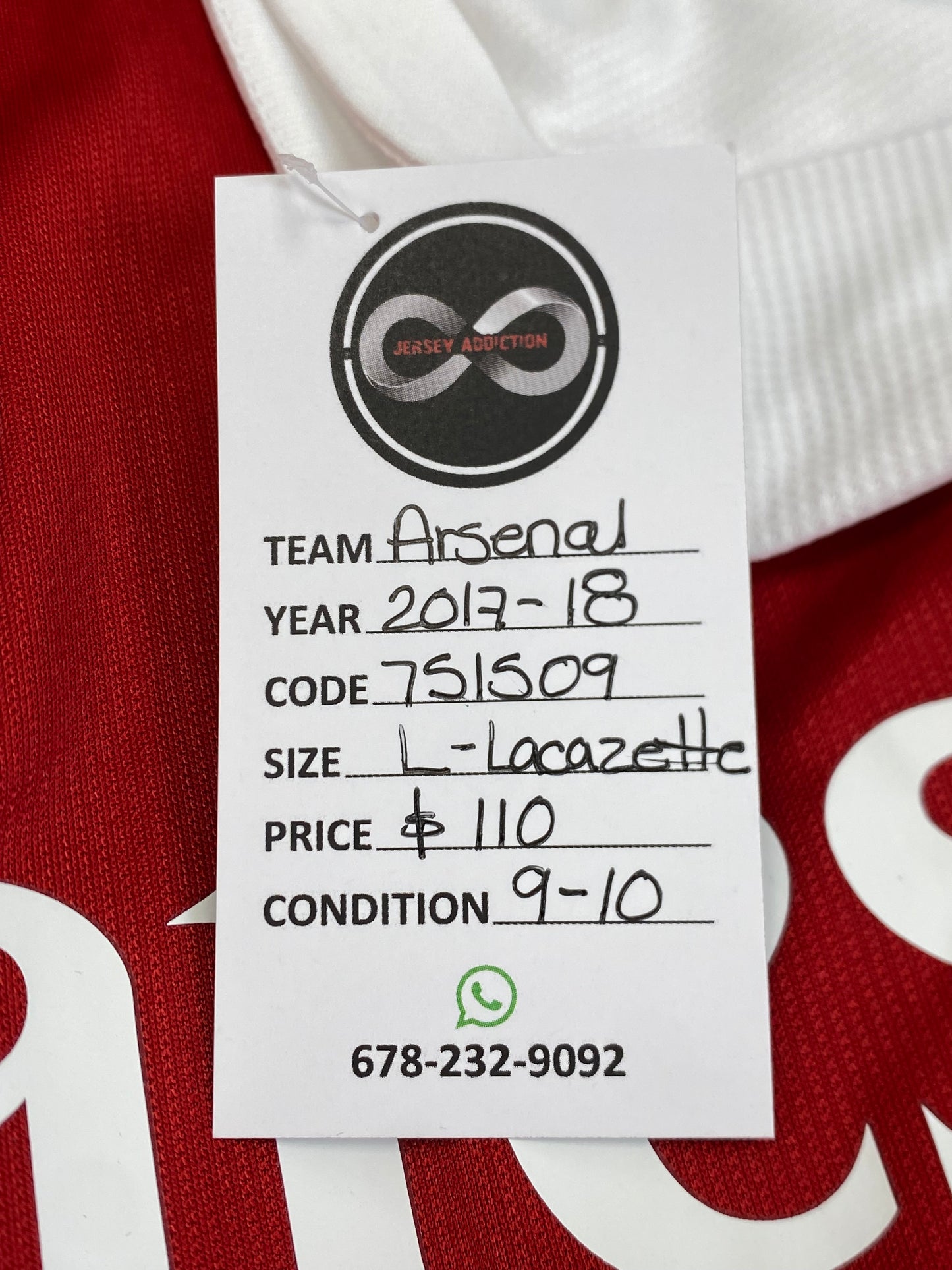 2017-18 Arsenal FC Lacazette 9 Home Jersey / Large / 9/10