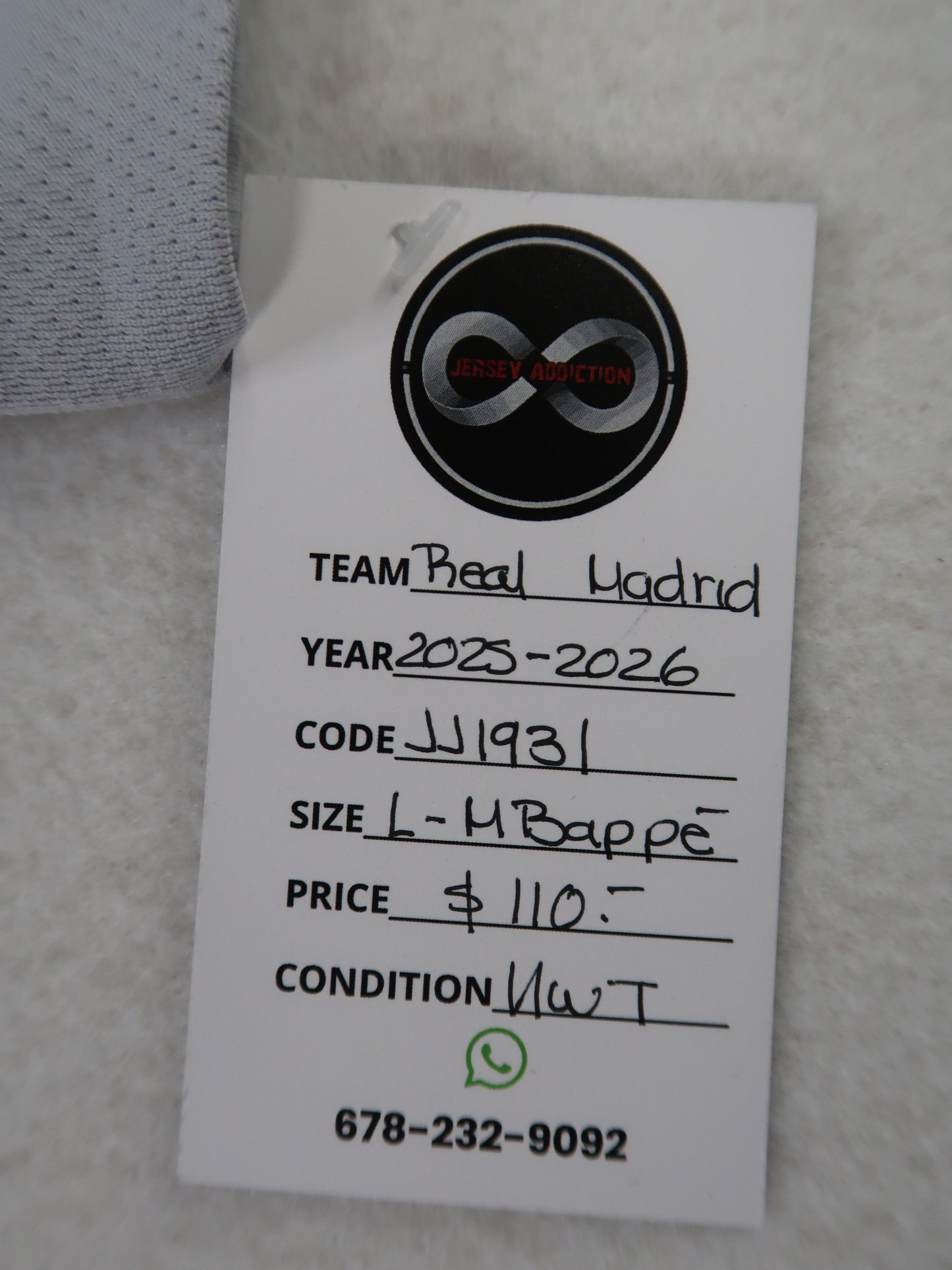 Jersey Addiction authenticity tag - Real Madrid, 2025-26, Mbappe, Size L, $110, New