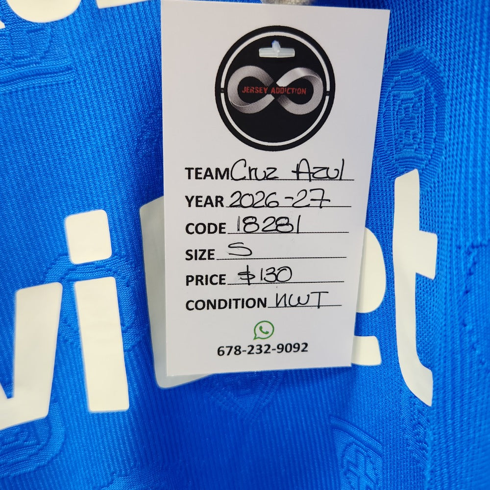Jersey Addiction authenticity tag - Cruz Azul, 2026-27, Size S, $130, NWT