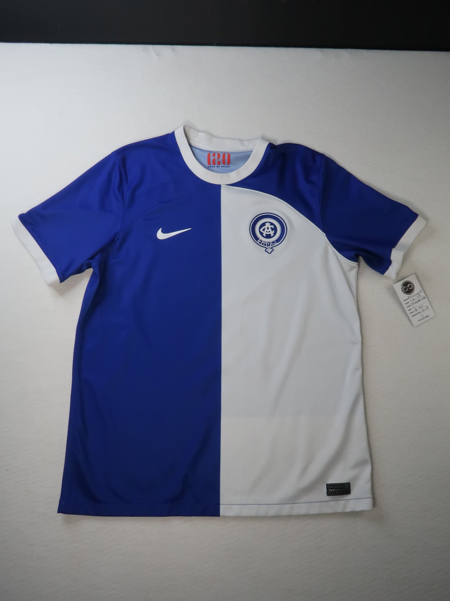2023-24 Atlético Madrid 120th Anniversary jersey front, blue and white split design