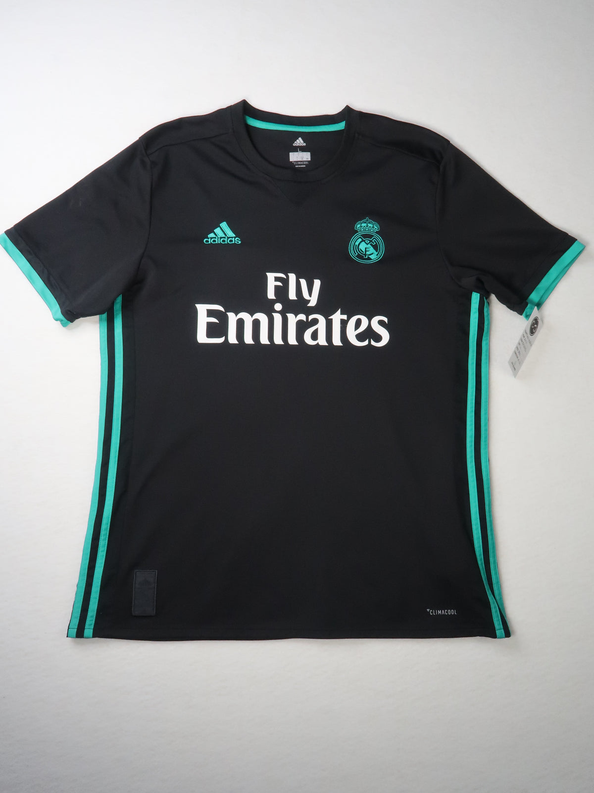 2017-18 Real Madrid away jersey front, black with teal accents