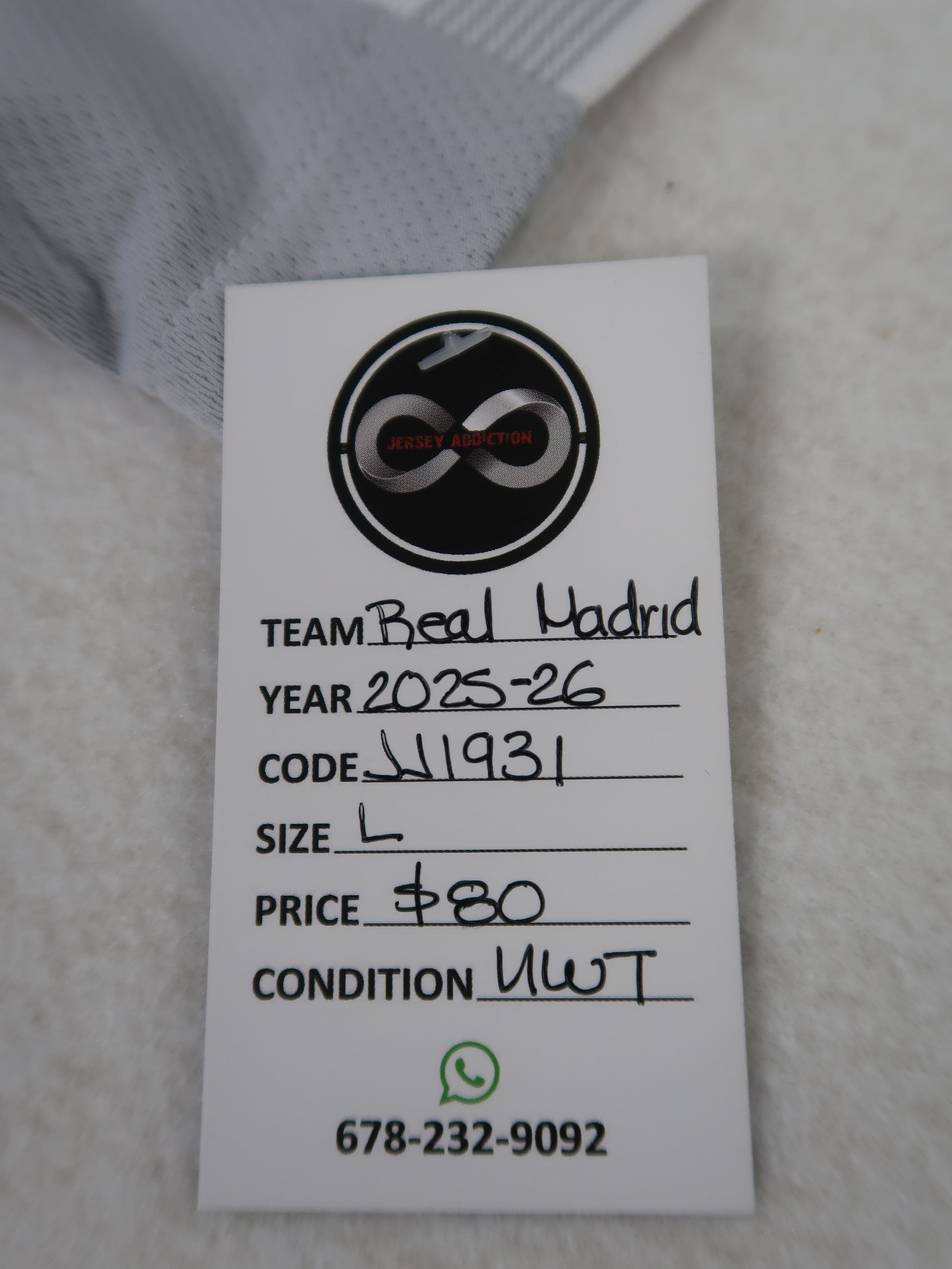 Jersey Addiction authenticity tag - Real Madrid, 2025-26, Size L, $80, New