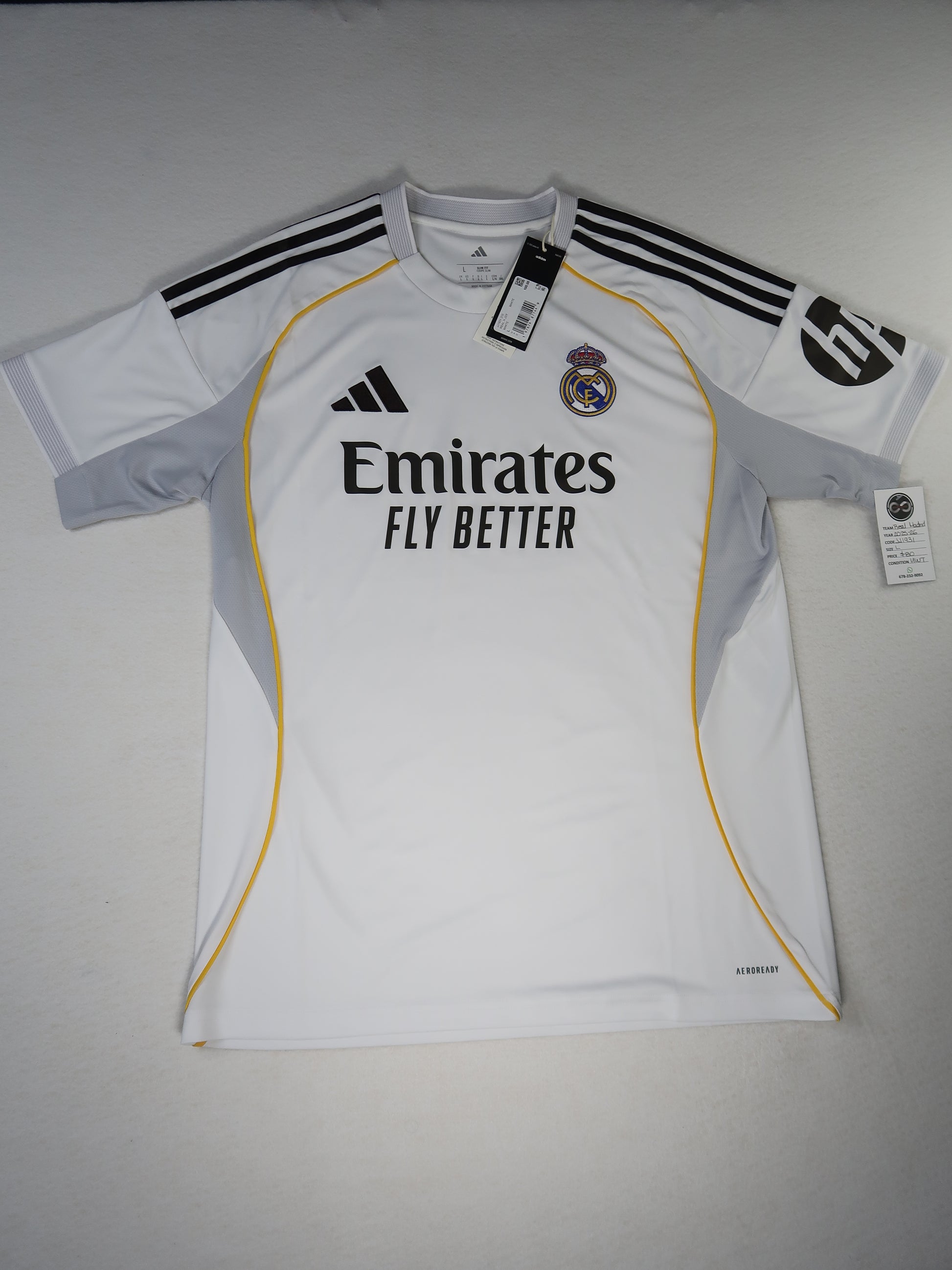 2025-26 Real Madrid home jersey front, white with gold piping
