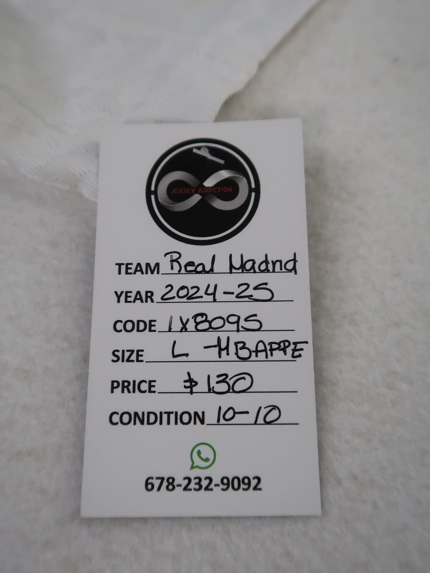 Jersey Addiction authenticity tag - Real Madrid, 2024-25, Mbappe, Size L, $130, 10/10