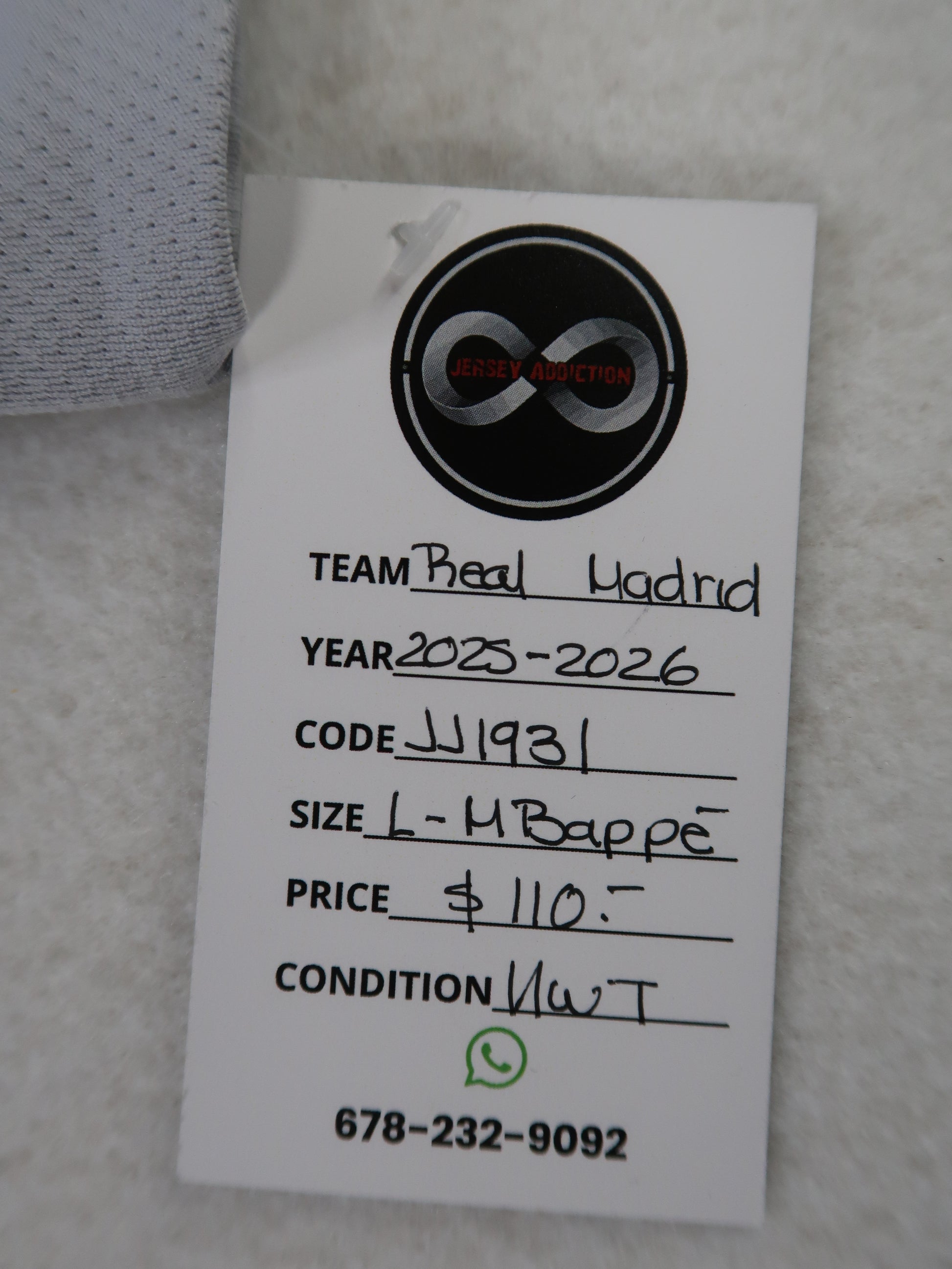 Jersey Addiction authenticity tag - Real Madrid, 2025-26, Mbappe, Size L, $110, New