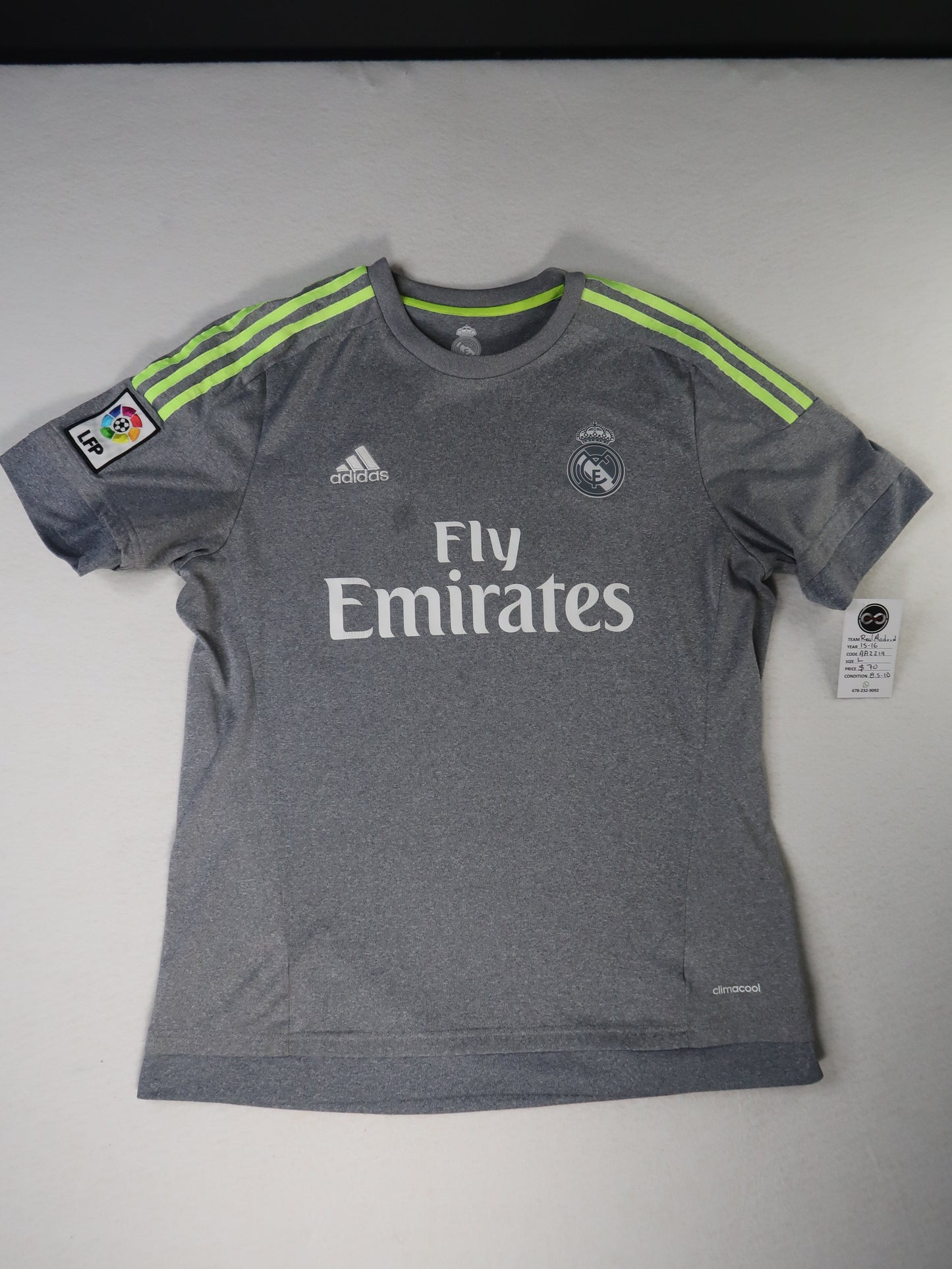 2015-16 Real Madrid away jersey front, grey with neon green stripes