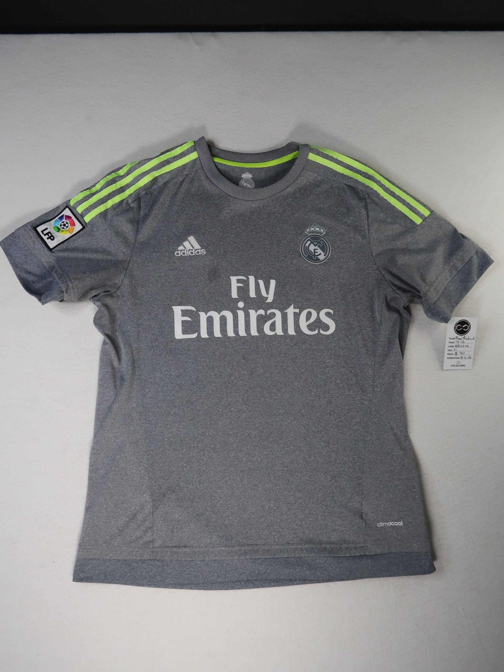 2015-16 Real Madrid away jersey front, grey with neon green stripes