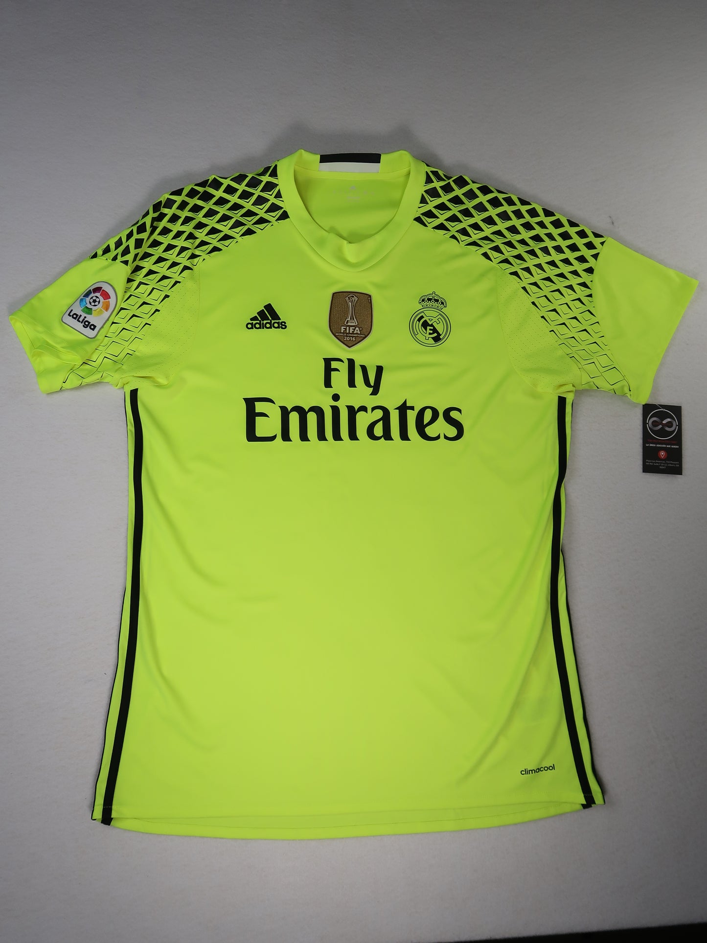 2016-17 Real Madrid goalkeeper jersey front, neon yellow with FIFA World Champions badge