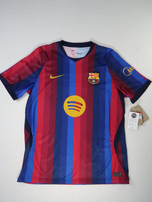 2026-27 FC Barcelona away jersey front, multi-tone red and blue stripes
