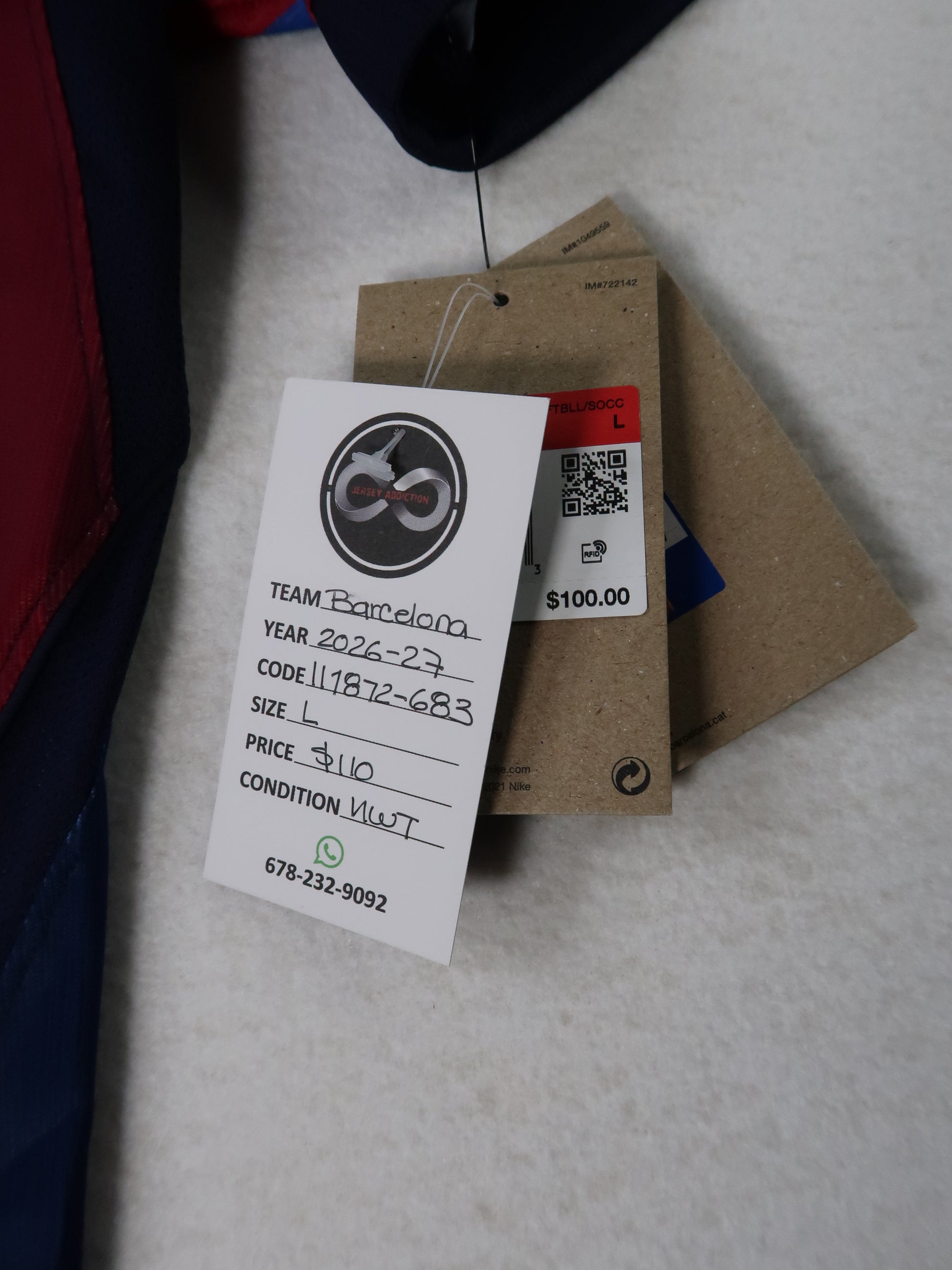 Jersey Addiction authenticity tag - Barcelona, 2026-27, Size L, $110, New