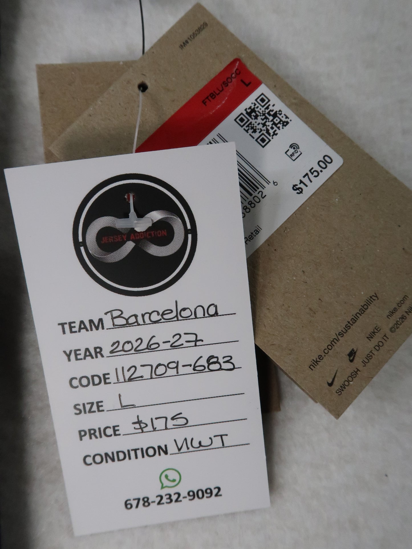 Jersey Addiction authenticity tag - Barcelona, 2026-27, Size L, $175, New