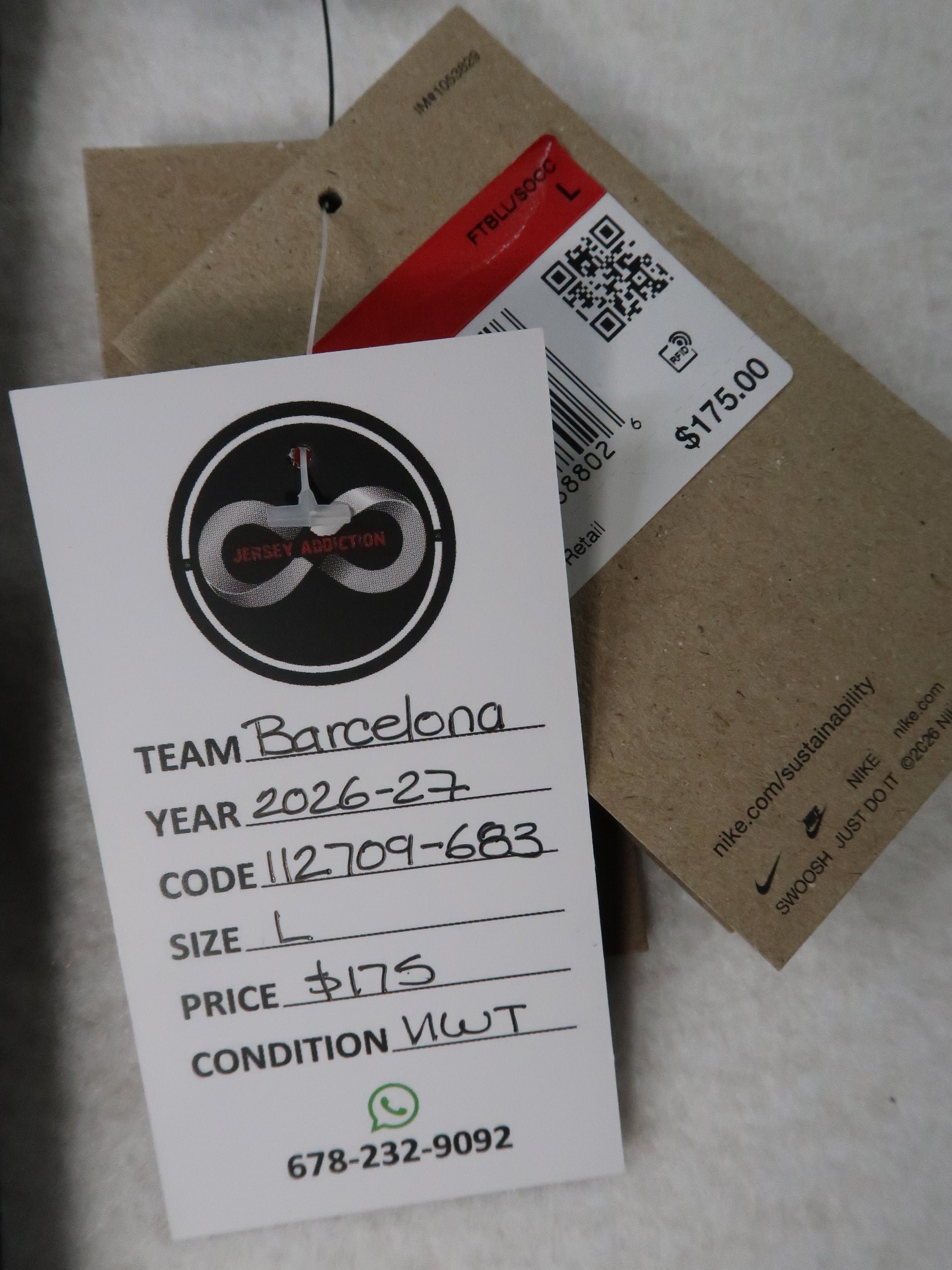 Jersey Addiction authenticity tag - Barcelona, 2026-27, Size L, $175, New