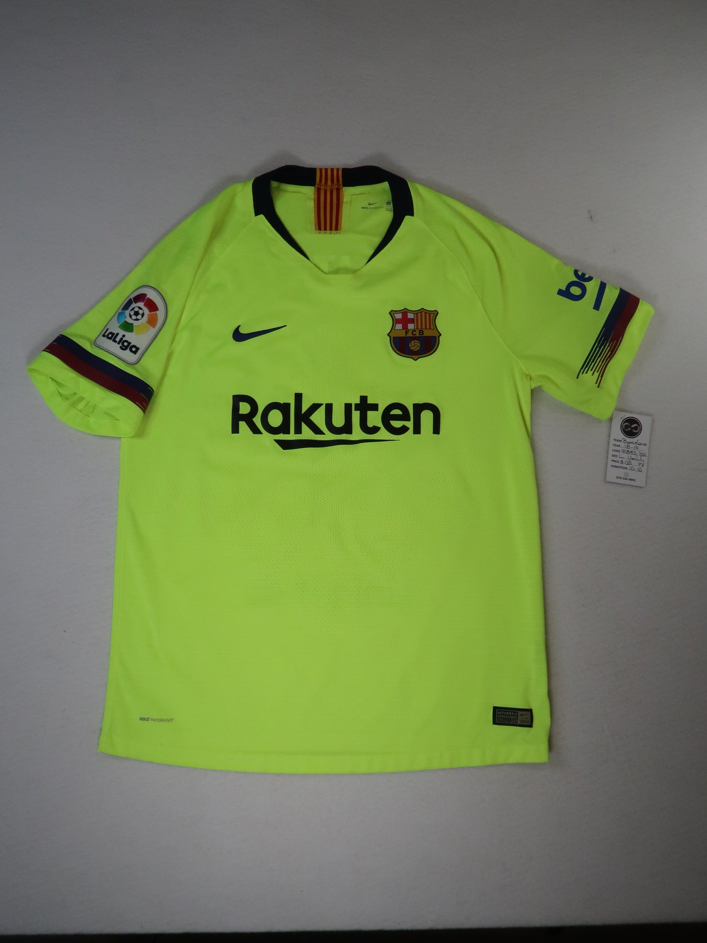 2018-19 FC Barcelona Player Version away jersey front, volt green with Rakuten sponsor