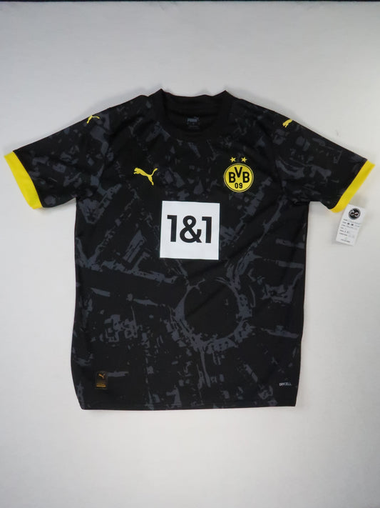 2023-24 Borussia Dortmund away jersey front, black camo pattern with 1&1 sponsor