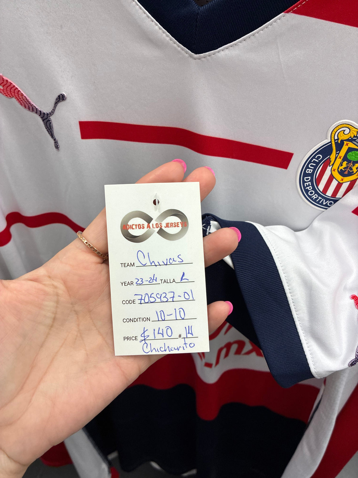Jersey Addiction authenticity tag - Chivas, 23-24, Size L, $140, 10/10, Chicharito 14